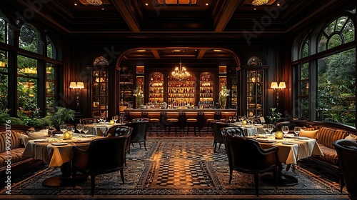 Interior of a luxury restaurant. 3d rendering. Computer digital drawing.