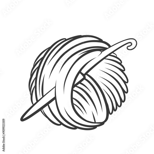Yarn ball with crochet line icon. Hand drawn retro thread roll and needle with hook to knit and crochet. Knitting, craft hobby mascot, outline crocheting tools and string icon vector illustration