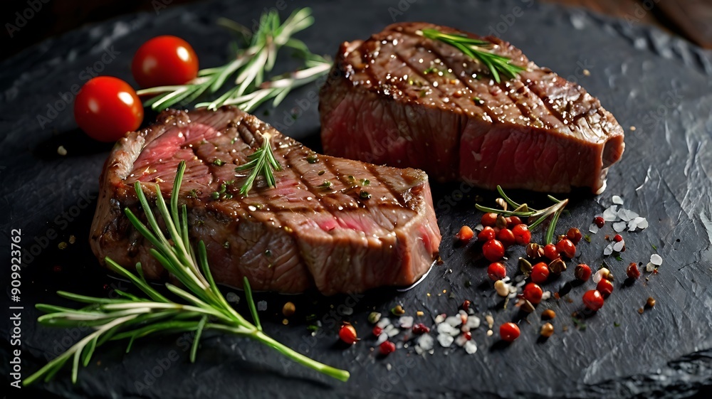 Grilled steak medium rare, luxury steak with rosemary and side ingredients, delicious protein food Grilled steak medium rare, luxury steak with rosemary and side ingredients, delicious protein food