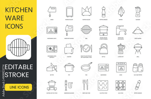 Kitchen utensils and cooking accessories line icons set vector with editable stroke, culinary accessories and utensils, bbq and blender, butter and coffee pot, defrost and double boiler