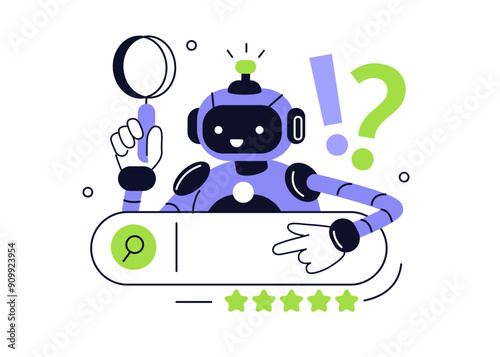 Robot character holding magnifying glass and pointing at search bar. AI seo technology. Artificial intelligence in business concept. Vector illustration.

