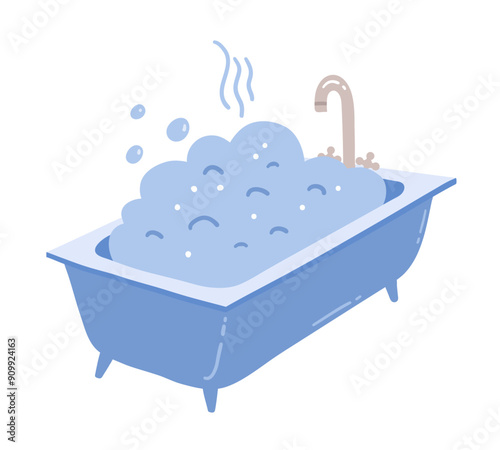 Vector color illustration of bathtub with soap foam