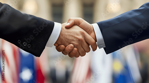 Close-up of handshake between diplomats with neutral backdrop symbolizing international agreement