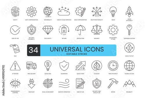 Vector line icons set with editable stroke, balance and universal access, adjustment and fitting, return, protection and exclusivity, reliability, ease in cloud services and multifunctionality
