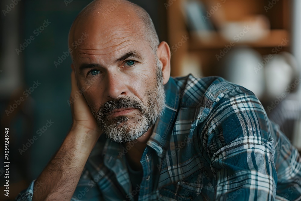 Thoughtful Man in a Plaid Shirt Captured in a Cozy Setting Thoughtful Man in a Plaid Shirt Captured in a Cozy Setting