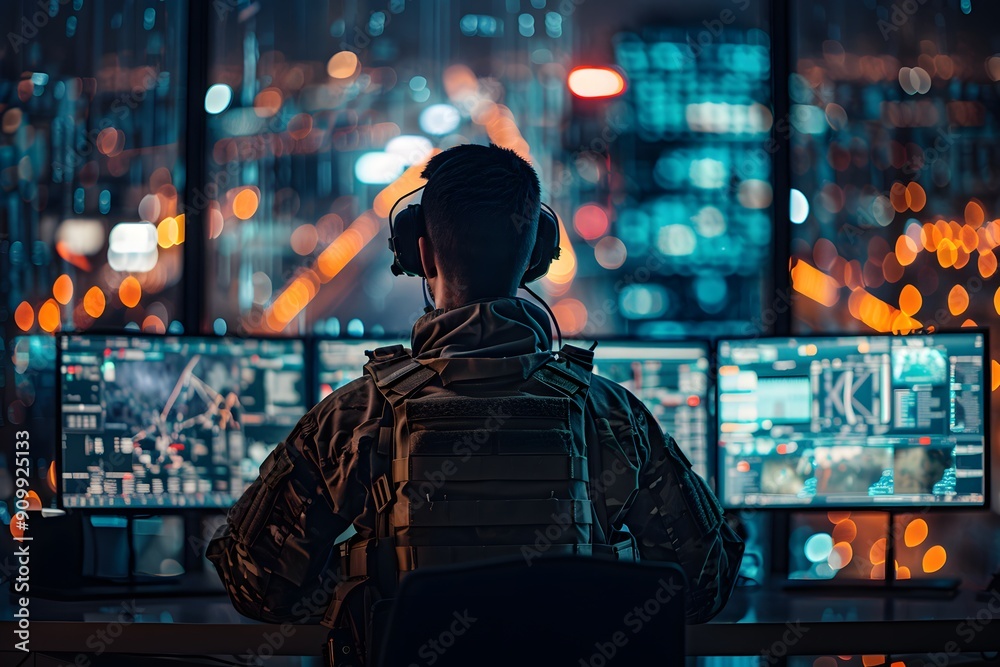 A Soldier Monitoring Operations in a High-Tech Command Center at Night A Soldier Monitoring Operations in a High-Tech Command Center at Night
