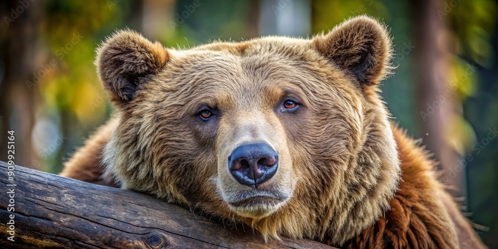 A massive grizzly bear's face rests on a tree trunk, its fur fluffed up, whiskers twitching, and eyes closed in a serene, relaxed expression. A massive grizzly bear's face rests on a tree trunk, its fur fluffed up, whiskers twitching, and eyes closed in a serene, relaxed expression.