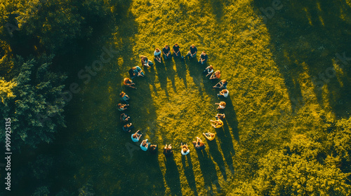 Small gathering of people sitting in circle on grassy field engaged in community organizing with clear sky backdrop photo