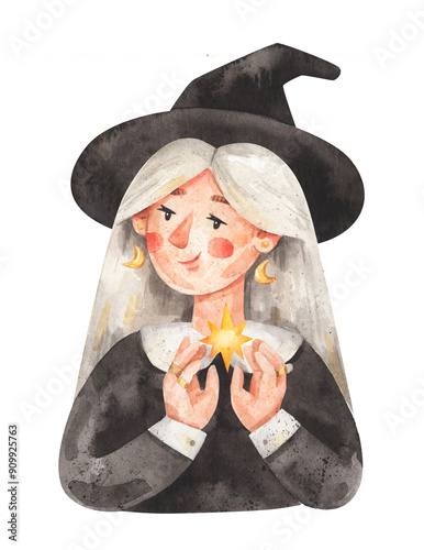 Watercolor cartoon portrait of young witch. Hand-drawn illustration of girl with star in witch hat isolated on white background. Halloween greeting card