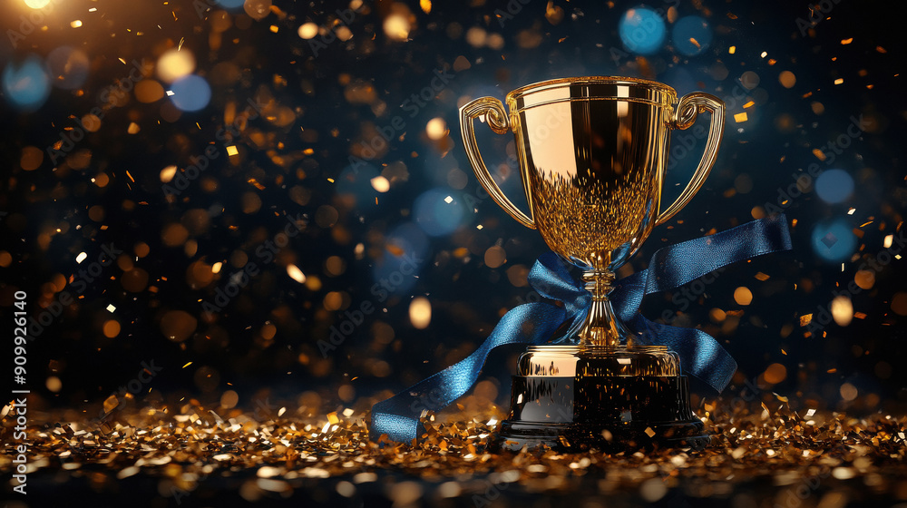 A shiny golden trophy with blue ribbons, surrounded by sparkling confetti and a blurred background. The trophy stands on a black base, symbolizing achievement and victory. A shiny golden trophy with blue ribbons, surrounded by sparkling confetti and a blurred background. The trophy stands on a black base, symbolizing achievement and victory.