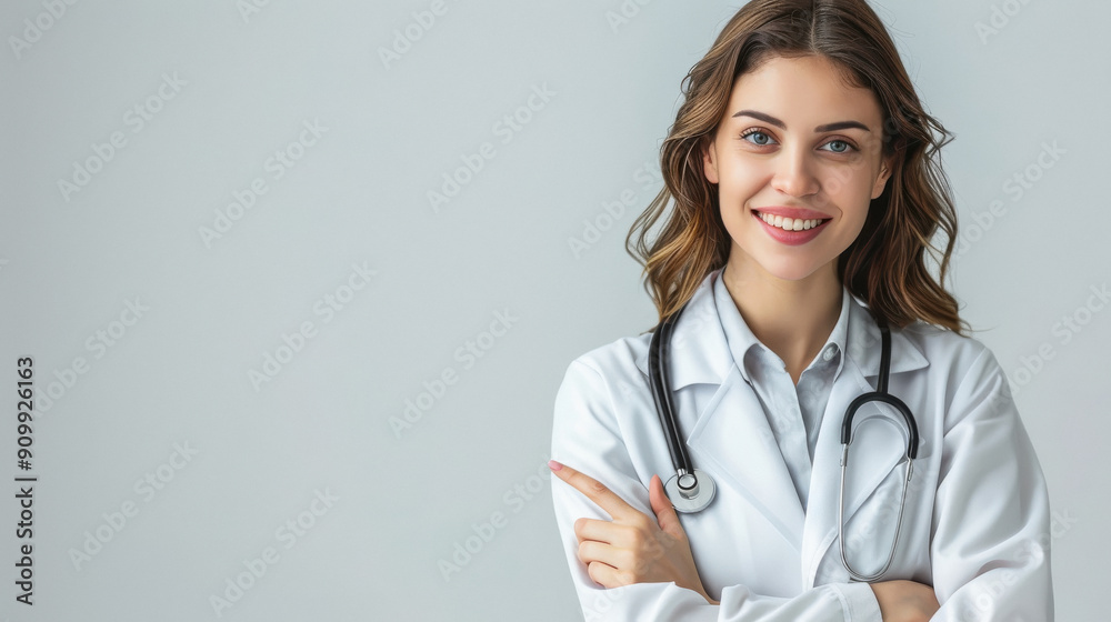 A smiling female doctor wearing a white coat and stethoscope, standing with arms crossed against a light gray background. A smiling female doctor wearing a white coat and stethoscope, standing with arms crossed against a light gray background.