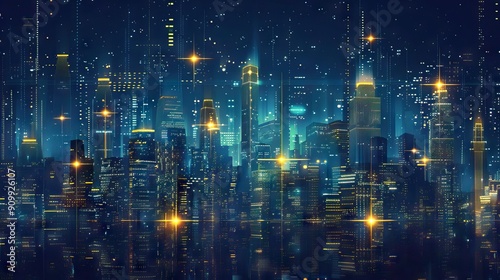 Futuristic Digital Cityscape with Illuminated Skyscrapers. AI generated illustration