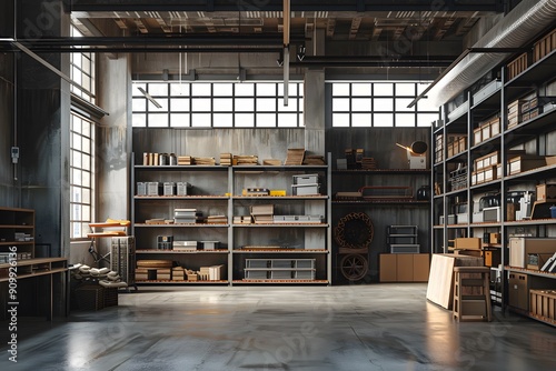 Spacious Industrial Workshop with Organized Shelves and Natural Light