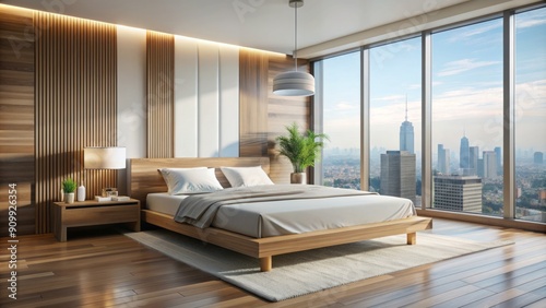Modern minimalist bedroom with sleek wooden bedframe  crisp white linens  and floor-to-ceiling windows flooding the space with natural light and cityscape views.