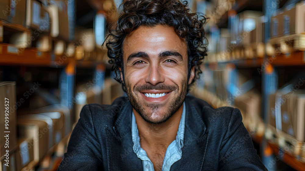 A man with a big smile is standing in a warehouse A man with a big smile is standing in a warehouse