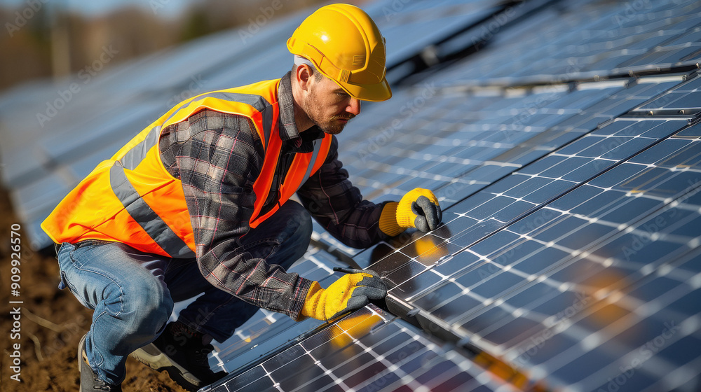 A worker in a hard hat and safety vest inspects solar panels in a field. The scene captures the dedication to renewable energy and sustainable practices. A worker in a hard hat and safety vest inspects solar panels in a field. The scene captures the dedication to renewable energy and sustainable practices.