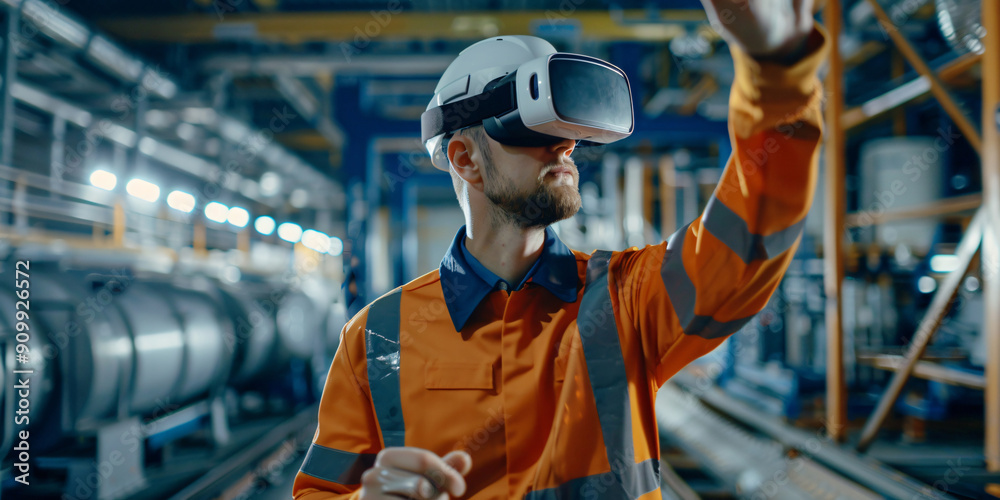 A worker in an industrial setting wears a virtual reality headset, likely exploring or working on a virtual model of the facility. A worker in an industrial setting wears a virtual reality headset, likely exploring or working on a virtual model of the facility.