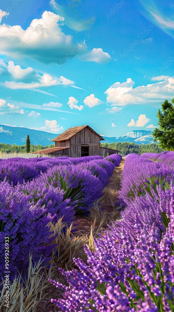 eautiful Lavender Field in Full Bloom with a Rustic House. AI generated illustration.
