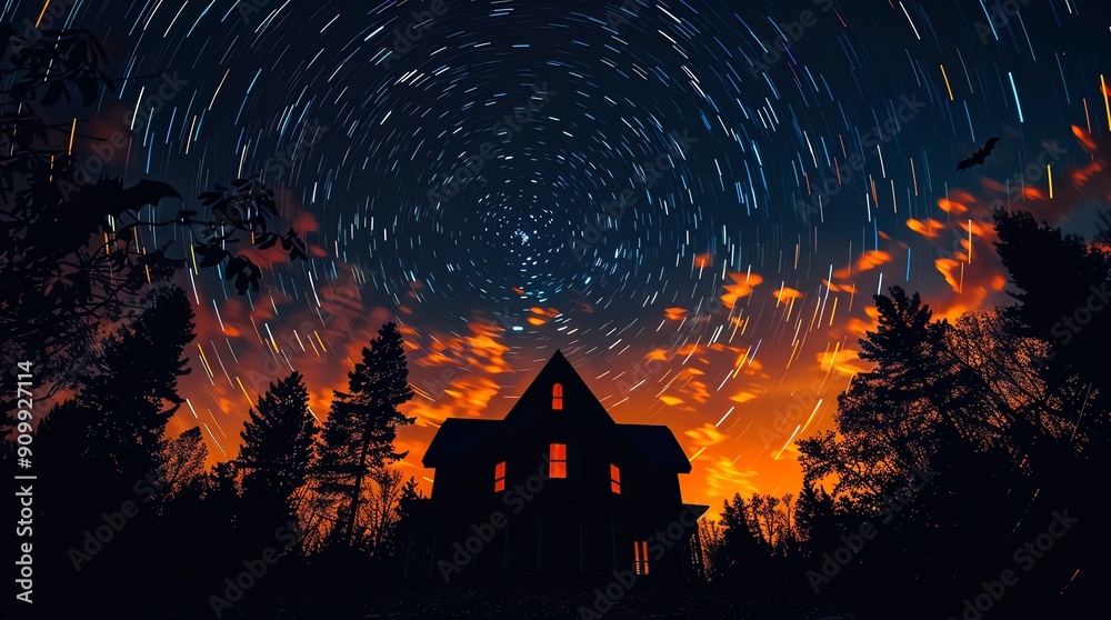 A vortex night sky with a creepy orange sunset, obscured by a silhouette of a spooky haunted house, Holiday event Halloween banner background concept, 3D render A vortex night sky with a creepy orange sunset, obscured by a silhouette of a spooky haunted house, Holiday event Halloween banner background concept, 3D render