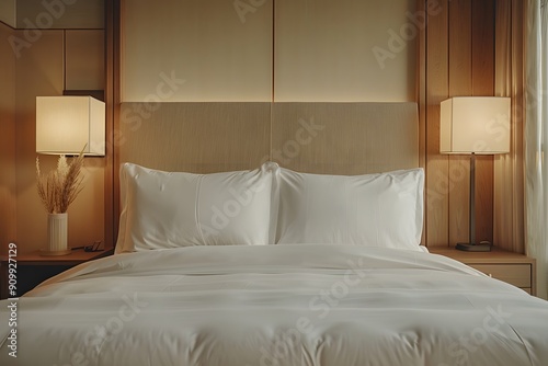 Cozy and Elegant Bedroom with Soft Lighting and Plush Bedding