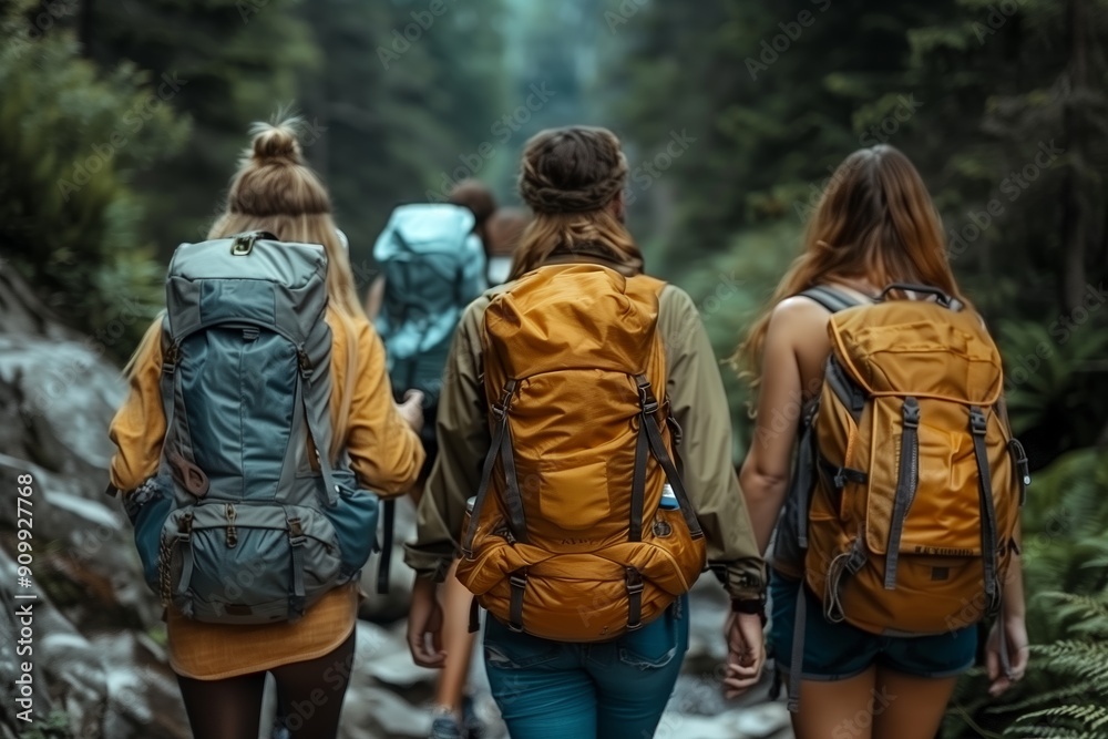 Group of Hikers With Backpacks Trekking Through Dense Forest During Daylight Hours Group of Hikers With Backpacks Trekking Through Dense Forest During Daylight Hours