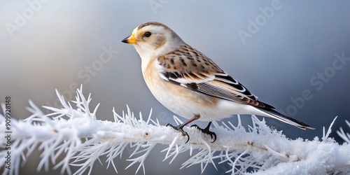 Delicate Snow Bunting bird with white and black feathers perched on a frosty branch, isolated on a transparent background, showcasing its Arctic winter beauty. photo