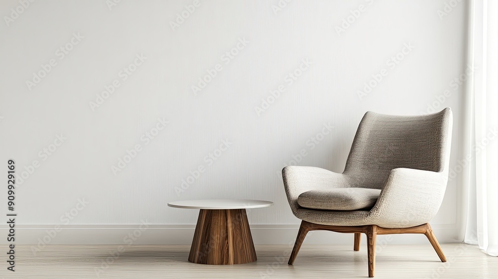 A stylish cozy armchair paired with a simple coffee table, presented on a white background to emphasize their modern design A stylish cozy armchair paired with a simple coffee table, presented on a white background to emphasize their modern design