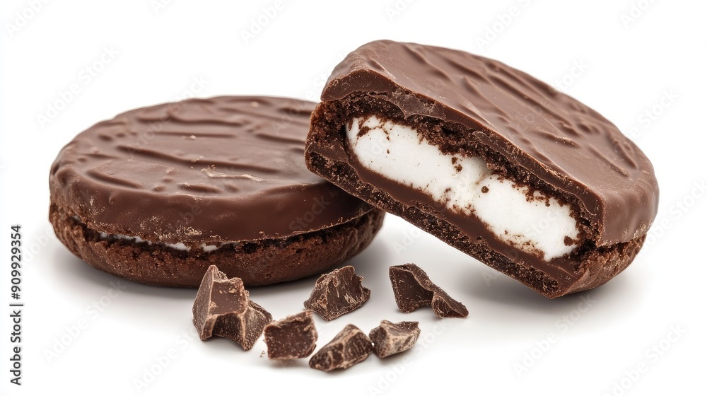 A tempting choco pie chocolate biscuit with a marshmallow center, isolated against a white background to emphasize its decadent taste