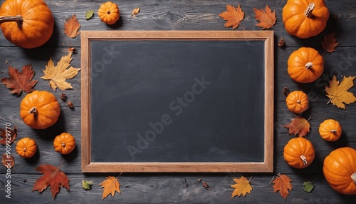 A blackboard with a chalkboard background and a variety of pumpkins and leaves