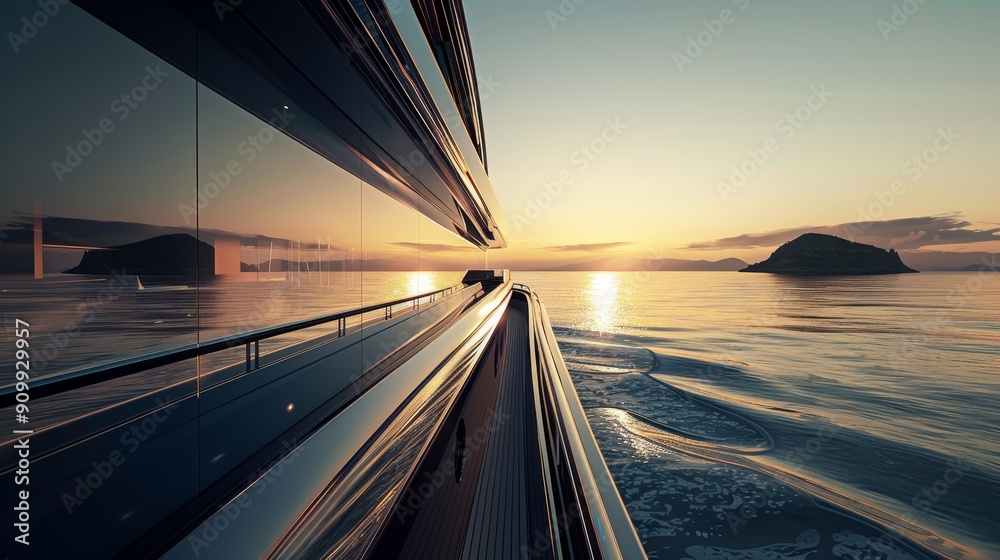Obraz premium Sleek and Stylish Luxury Yacht Basking in the Sun with Island Oasis on the Horizon