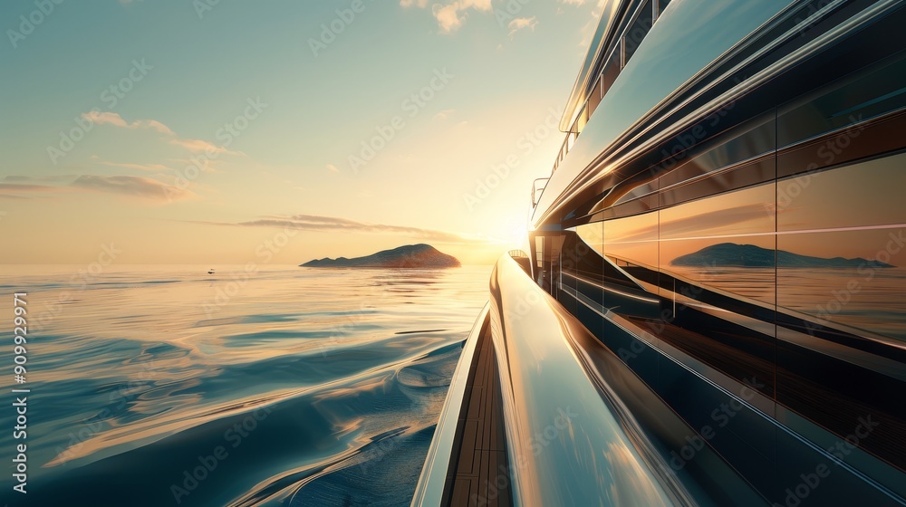 Naklejka premium Sleek and Stylish Luxury Yacht Basking in the Sun with Island Oasis on the Horizon