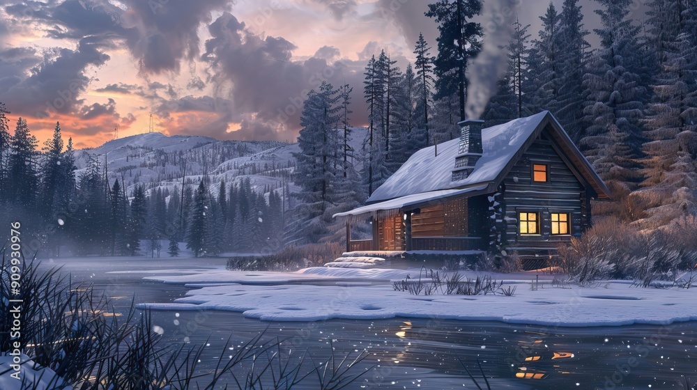 Cozy Log Cabin Surrounded by Crystal Green Pine Trees. AI generated illustration. Cozy Log Cabin Surrounded by Crystal Green Pine Trees. AI generated illustration.