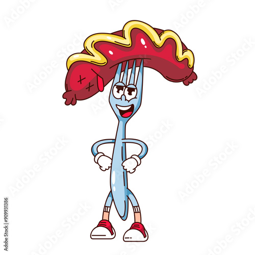Groovy cartoon fork character with barbecue sausage and mustard. Funny retro grilled bratwurst sausage with smile, BBQ mascot, cartoon grill food menu sticker of 70s 80s style vector illustration