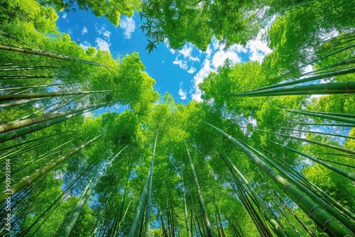 Looking Up at a Dense Bamboo Forest with a Blue Sky Above