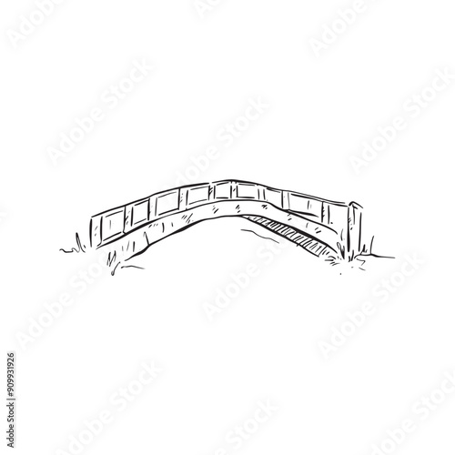 A line drawn bridge in black and white. A cute little bridge in a forest sketch style. Doodle over a river.