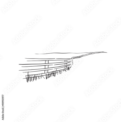 A very simple drawing of a fence between two fields drawn by hand in black and white. Doodle style. Quick sketch. Vector outdoors