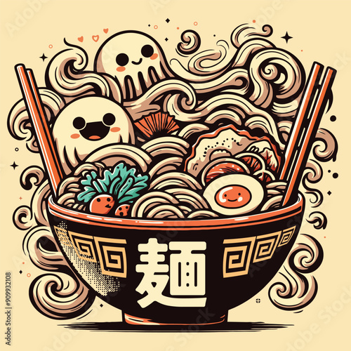 Cute illustration of ramen noodle with Adorable characters - japanese word for noodle