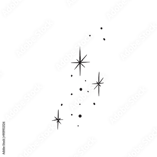 Simple black hand drawn twinkles signifying stars in the night sky. Black vector dots and simple stars, vectorised in black. 