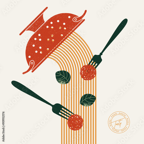 Colander with spaghetti. Pasta with basil and tomatoes with meatballs. 