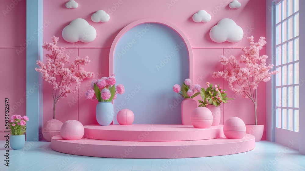 Dreamy Pastel Room Setups, Soft Fantasy Interior Aesthetic, Pastel Floral Stage with Cute Clouds Design, Pastel Floral Stage for Dreamy Display, Pastel Floral Stage Interior for Creative Content Dreamy Pastel Room Setups, Soft Fantasy Interior Aesthetic, Pastel Floral Stage with Cute Clouds Design, Pastel Floral Stage for Dreamy Display, Pastel Floral Stage Interior for Creative Content