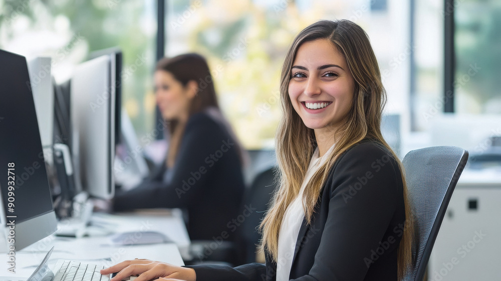 A young woman in a professional setting, smiling at the camera while working on a computer. In the background, another woman is focused on her work. The office has large windows with natural light. A young woman in a professional setting, smiling at the camera while working on a computer. In the background, another woman is focused on her work. The office has large windows with natural light.