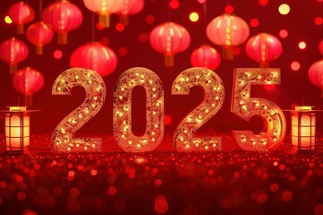 Happy New Year 2025 card background, Chinese style in gold and red colors