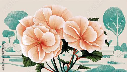 Wallpaper Mural Stunning vibrant pink Begonia flowers in a minimalist garden setting, with a soft blurred background, perfect for home and garden themes.  Torontodigital.ca