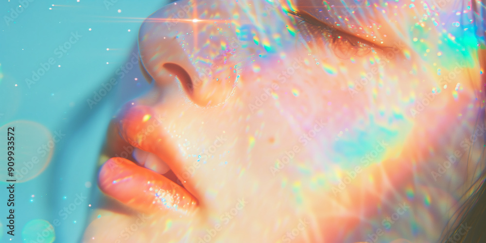 Female face profile with rainbow light projection. Digital glitch effect, cyberpunk and futuristic concept. Image for poster, album cover. Female face profile with rainbow light projection. Digital glitch effect, cyberpunk and futuristic concept. Image for poster, album cover.