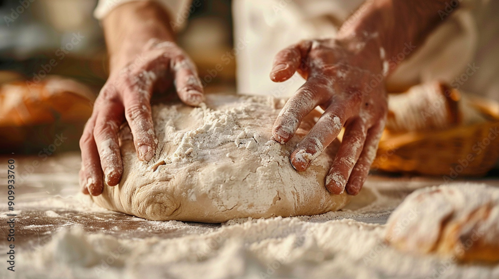 Close-up of a baker's hands kneading dough, capturing the detailed flour and dough textures Close-up of a baker's hands kneading dough, capturing the detailed flour and dough textures