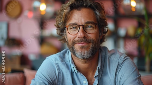 Middle-aged man wearing glasses sitting in a coffee shop