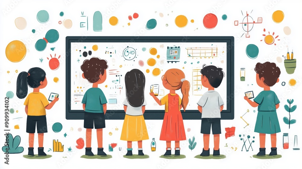 Fototapeta premium Interactive whiteboard with science lesson, engaged students, flat design illustration, No logo, No Trademark, No text, minimal concept with copy space for stock photo