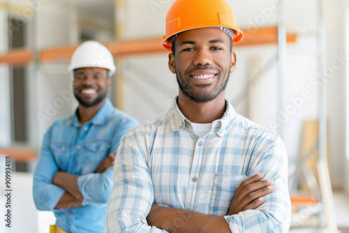 Two smiling construction workers in hard hats, one with a yellow helmet and the other with a white helmet, standing confidently in a construction site with scaffolding in the background.