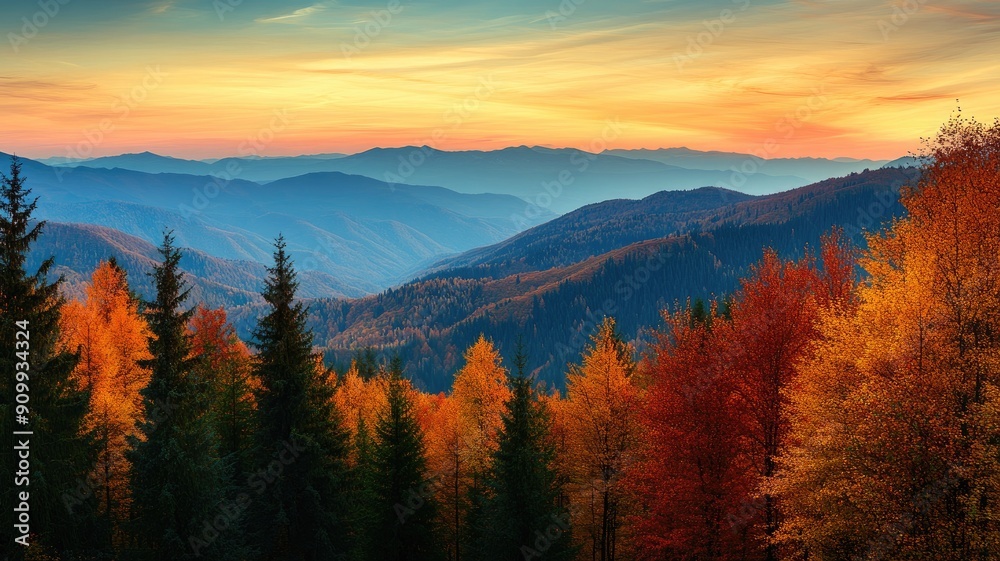Obraz premium Scenic mountain landscape at sunset with forested hills and colorful autumn foliage