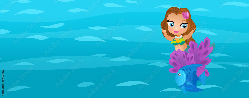 Cartoon ocean and the mermaid in underwater kingdom swimming diving illustration for kids Cartoon ocean and the mermaid in underwater kingdom swimming diving illustration for kids